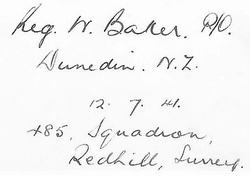 Signature from the Denham Mount guestbook (Photo courtesy of Mrs Sue Rogge)
